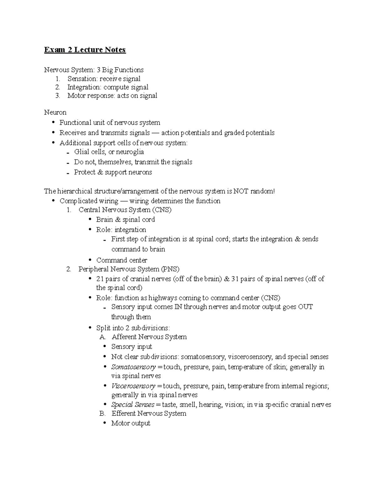 BIOL 5600 Exam 2 Lecture Notes - Exam 2 Lecture Notes Nervous System: 3 ...