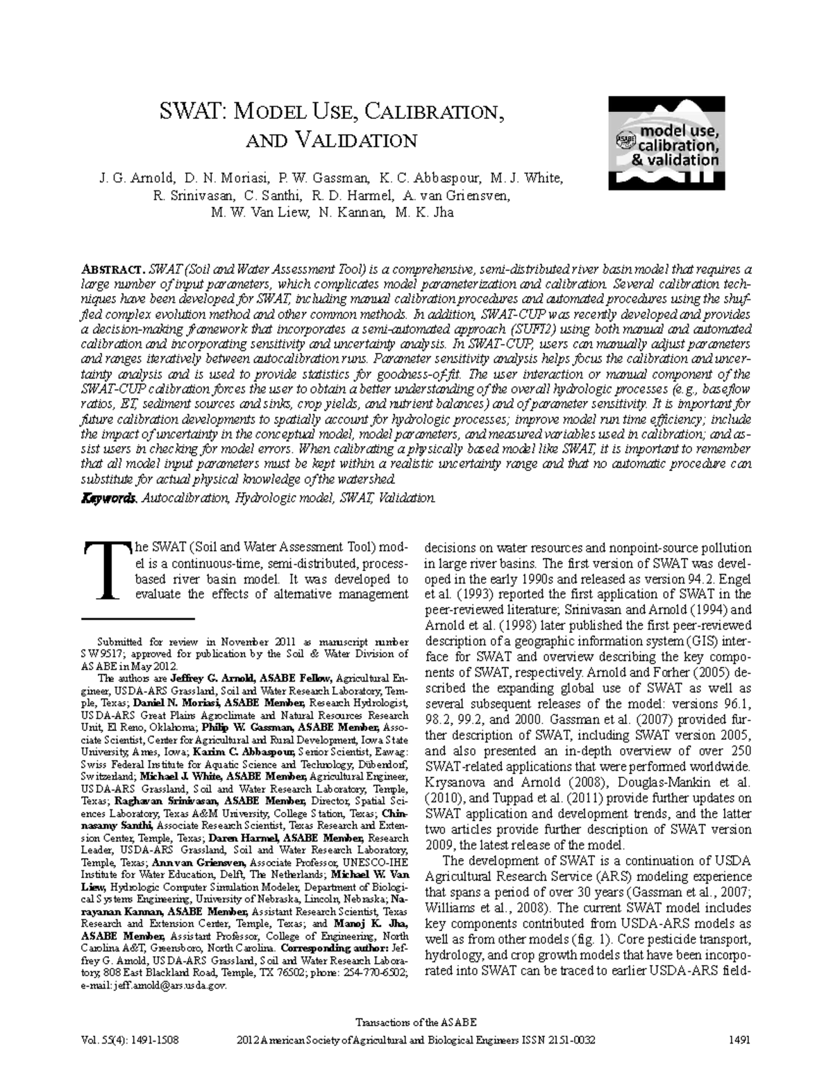 SWAT Model Use Calibration and Validatio - Transactions of the ASABE ...