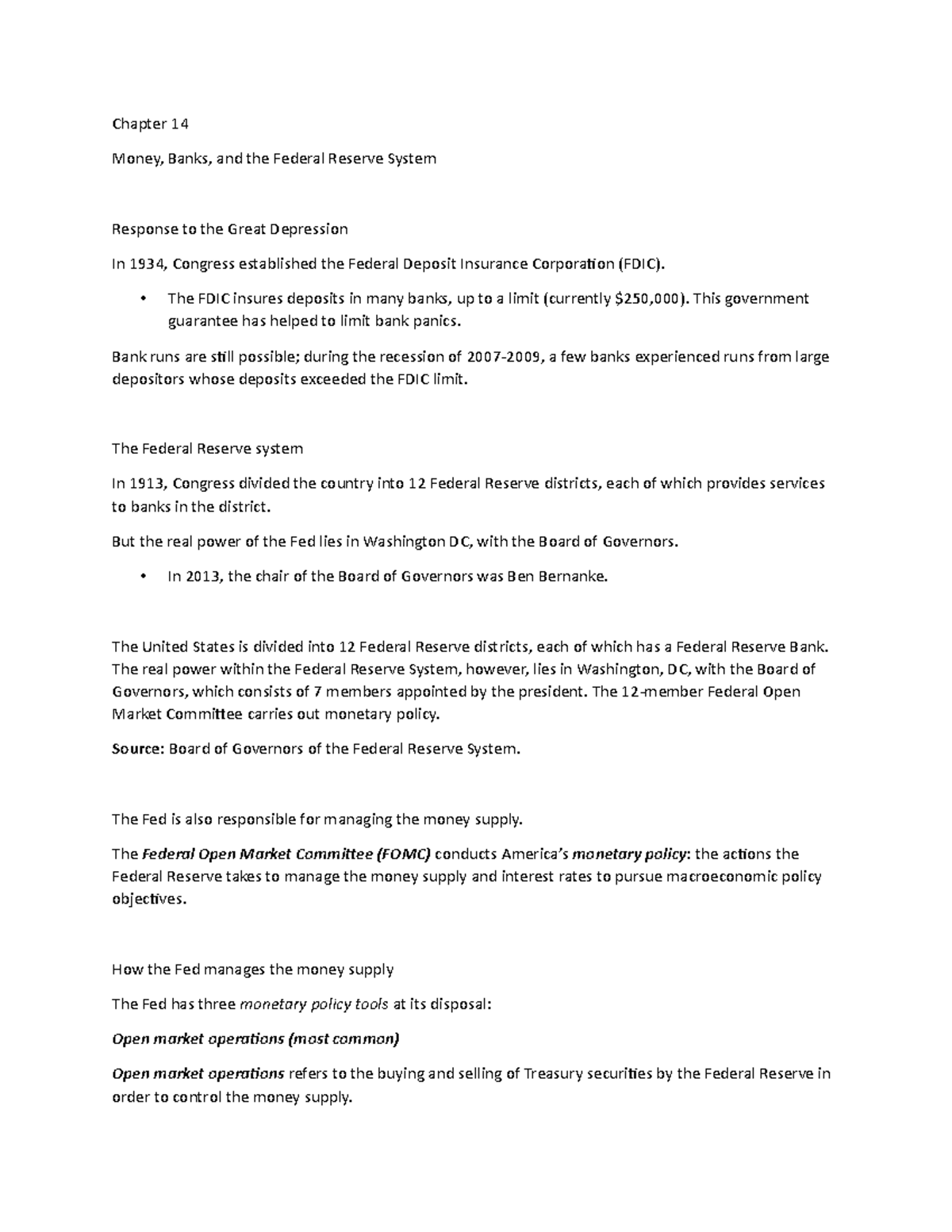 Chapter 14 Lecture Notes 5 - Chapter 14 Money, Banks, and the Federal ...
