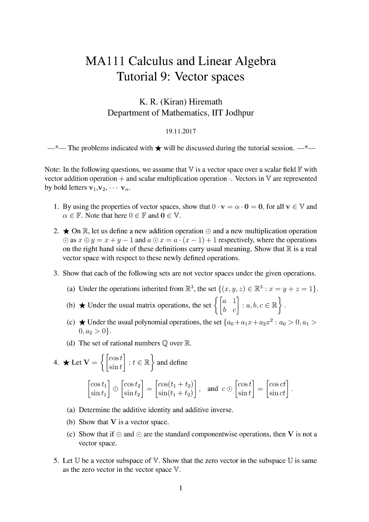 Tutorial 09 Vector spaces MA111 Calculus And Linear Algebra Tutorial 