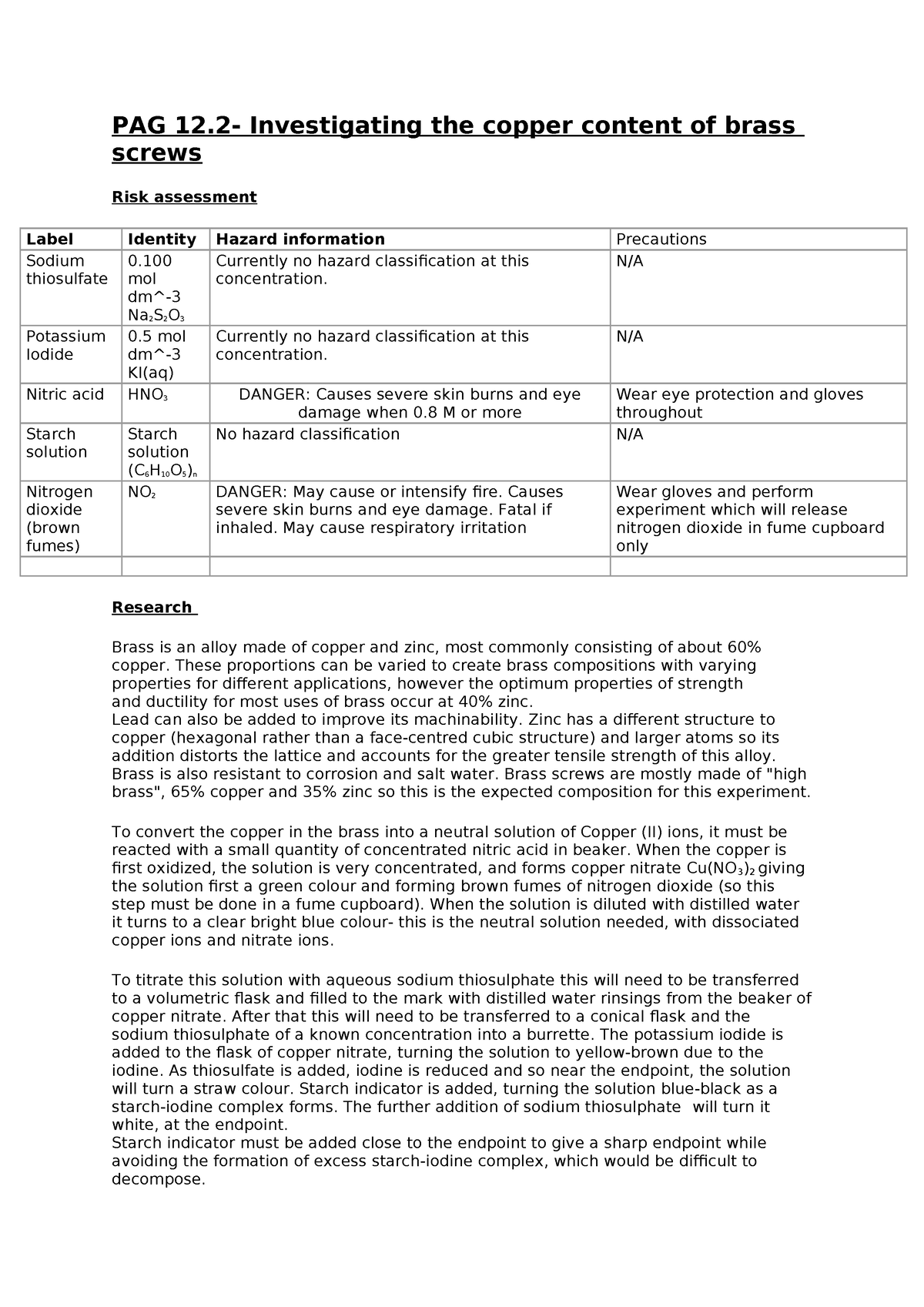 PAG 12 Investigating Copper Content Of Brass Screws PAG 12