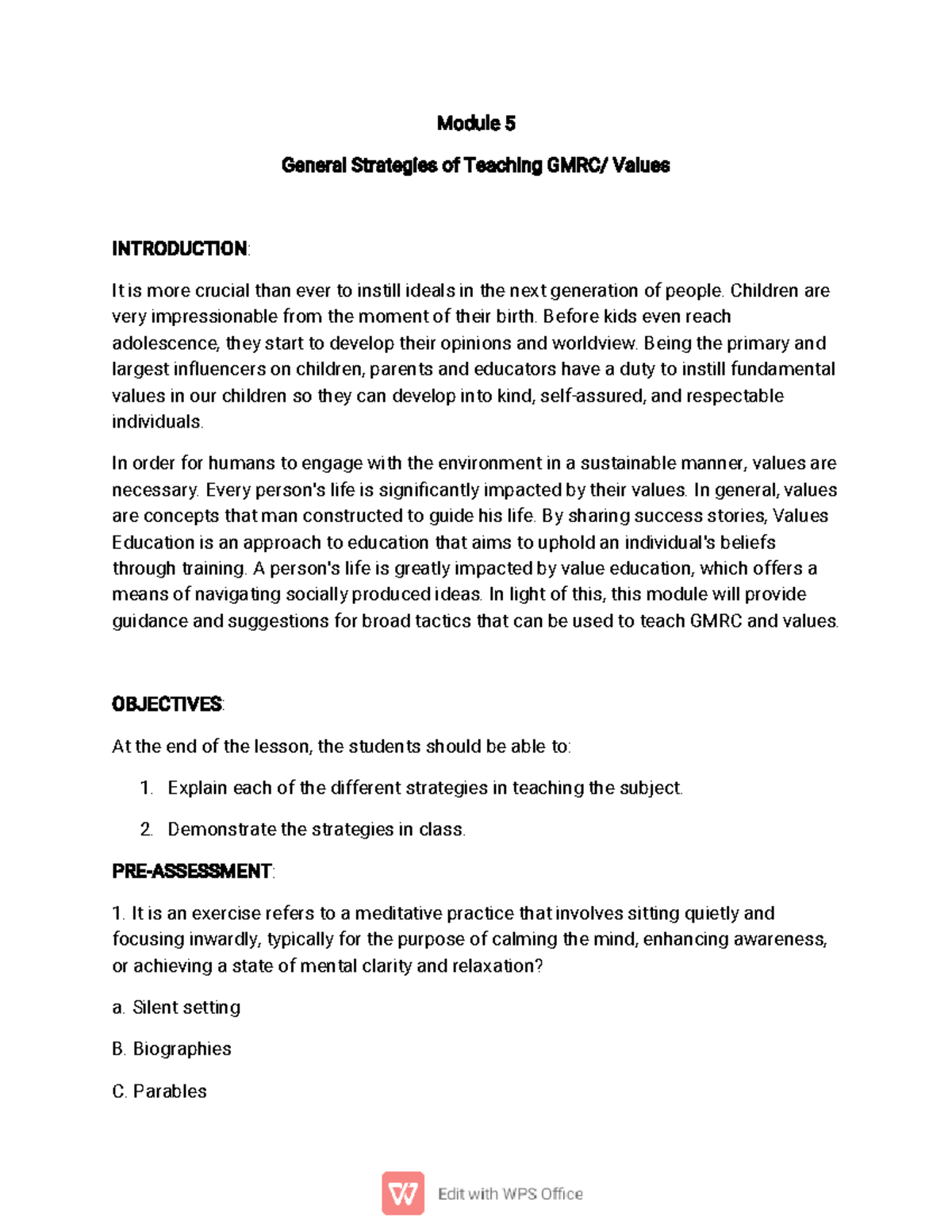 Module 5 General Strategies of Teaching GMRC or Values Group 5Module ...