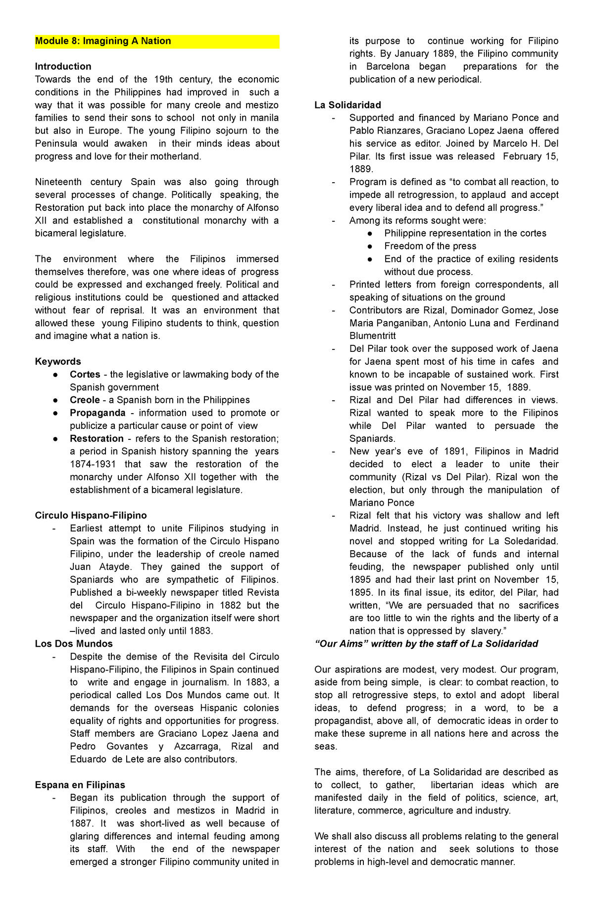 Finals - Rizal - Reviewer - Module 8: Imagining A Nation Introduction ...