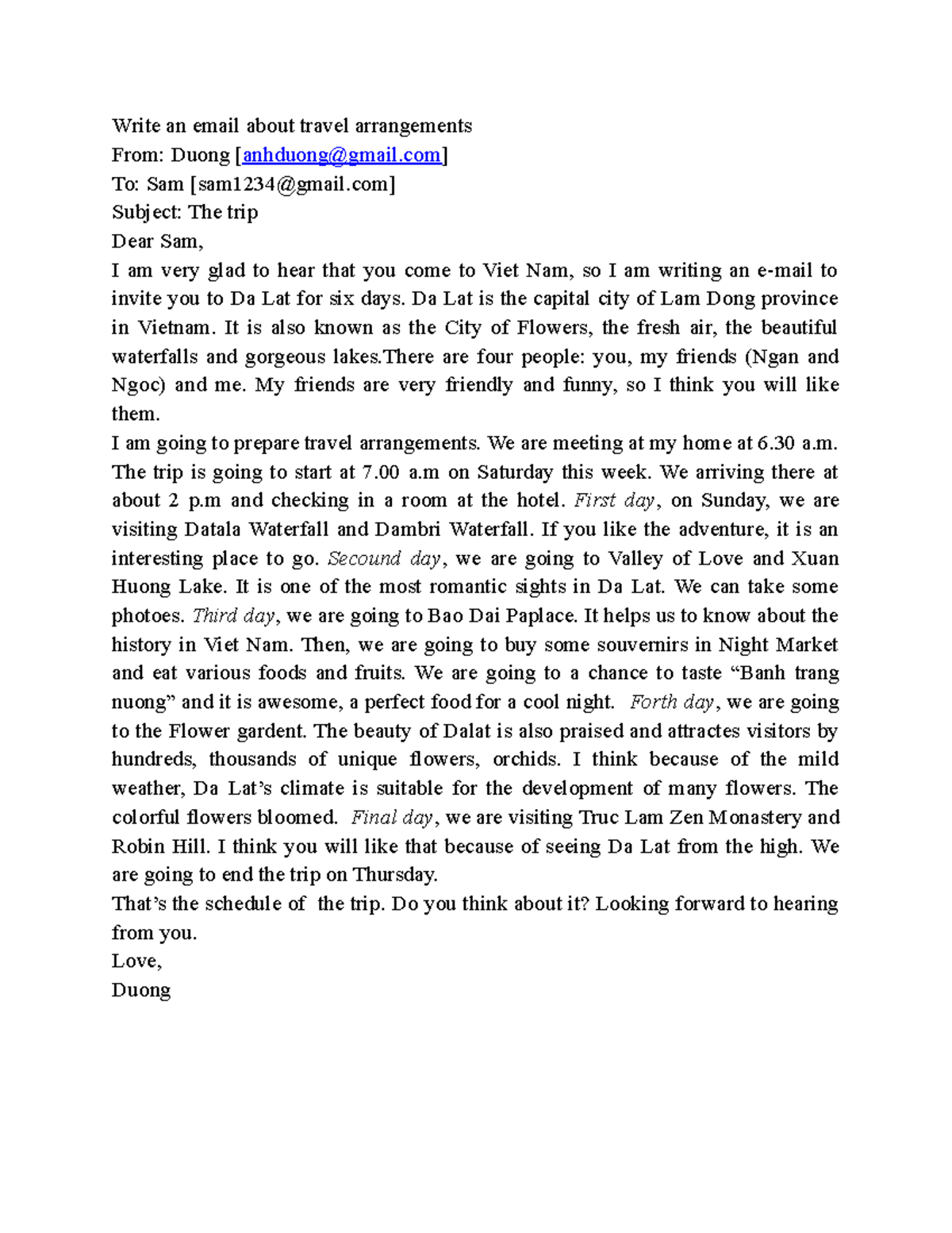 Email travel hgđ Write an email about travel arrangements From