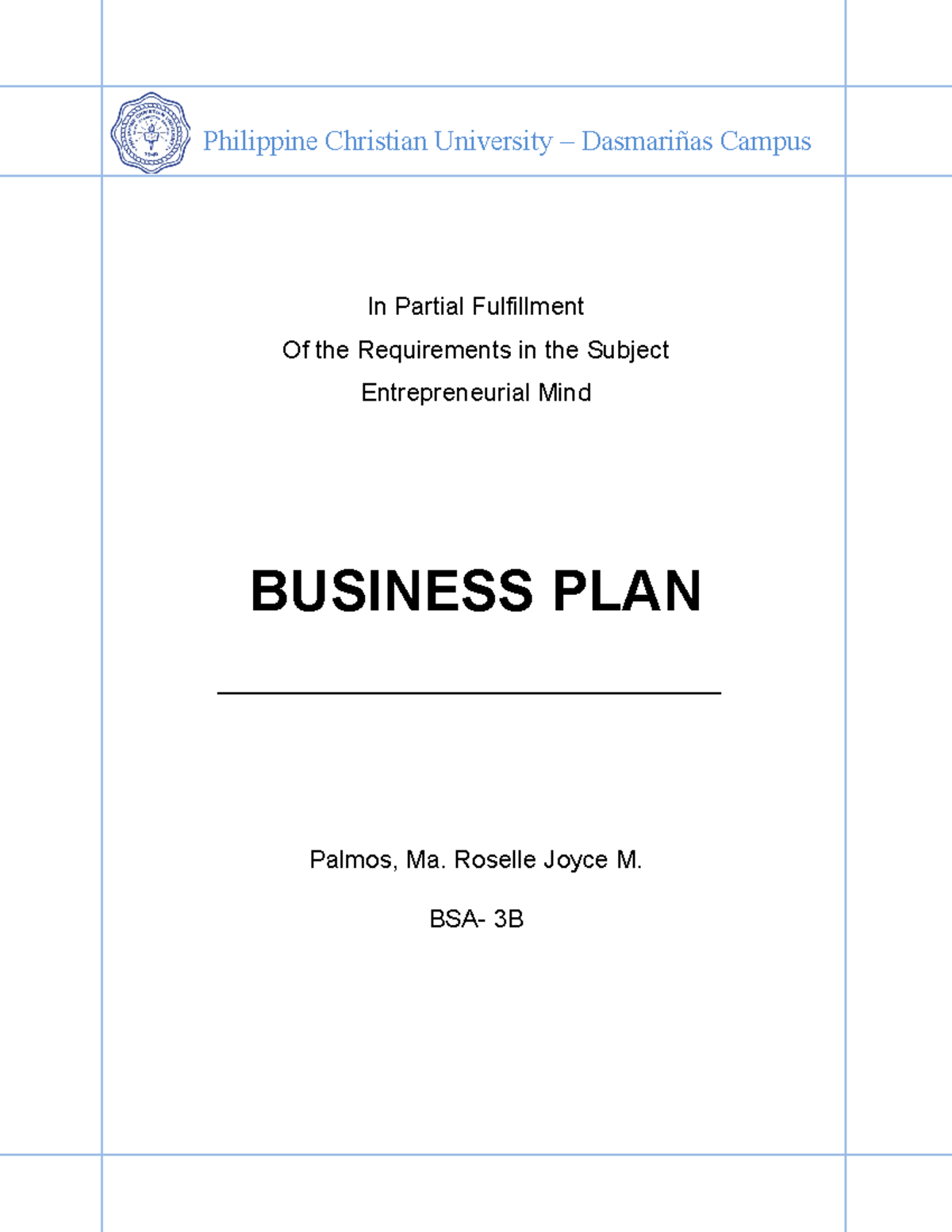BusinessPLAN about planning a business In Partial Fulfillment Of