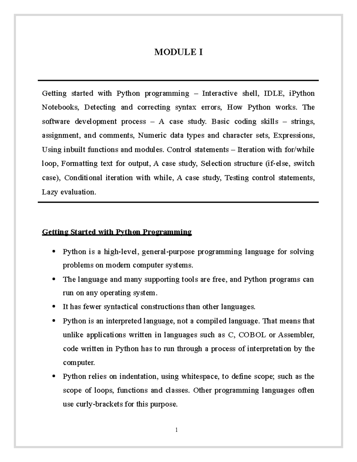 CLEAR NOTES ON PYTHON MODULE I Getting started with Python