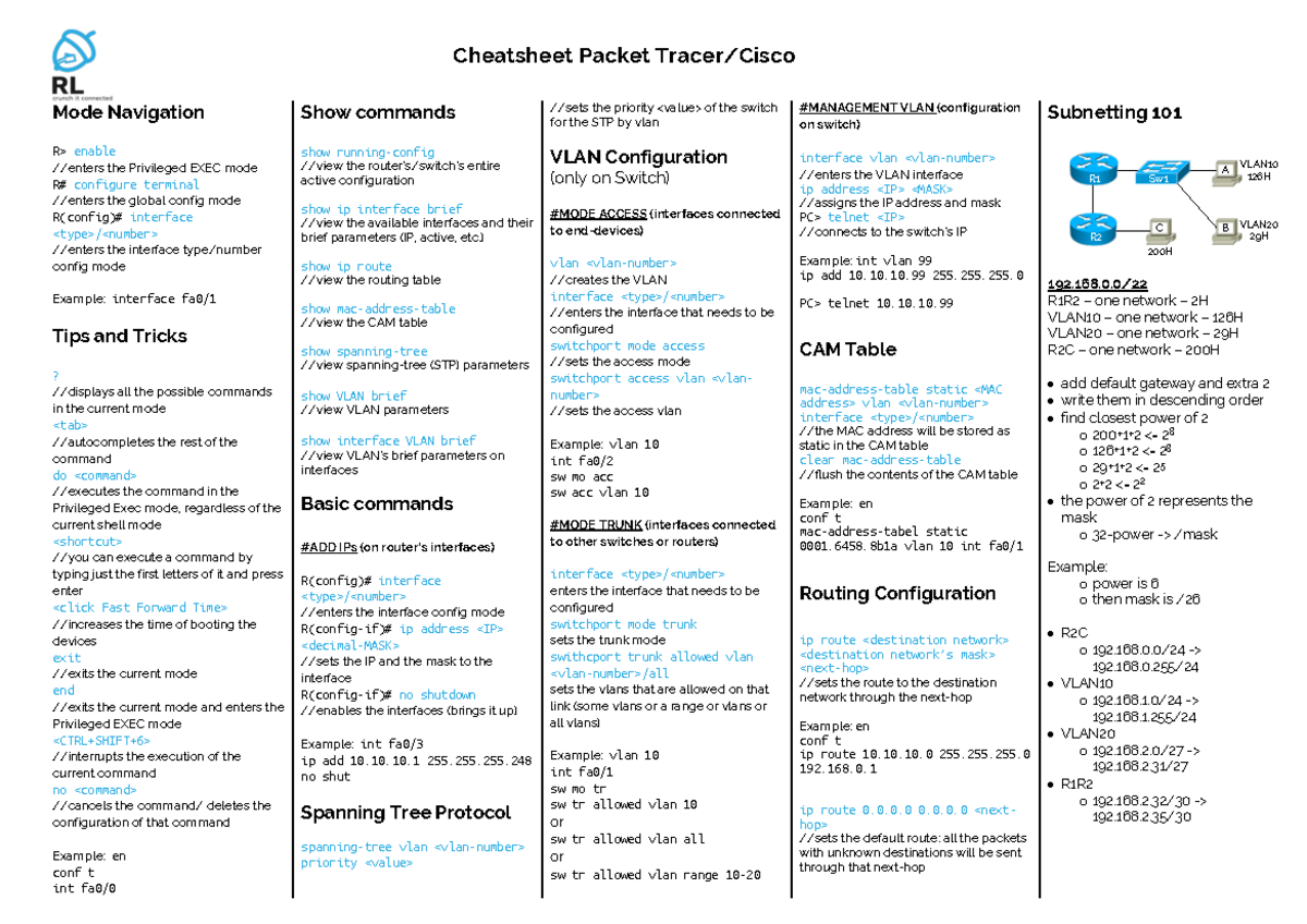 Notes Cisco - Mode Navigation R> enable //enters the Privileged EXEC ...