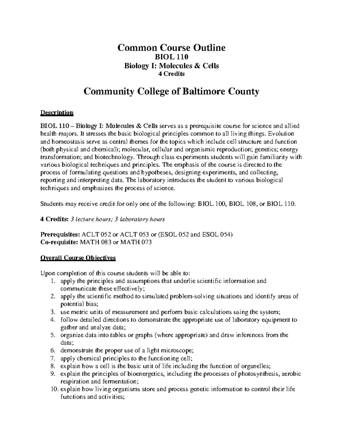 CCBC - BIOL 110 - Syllabus for BIOL 110 - Common Course Outline BIOL ...