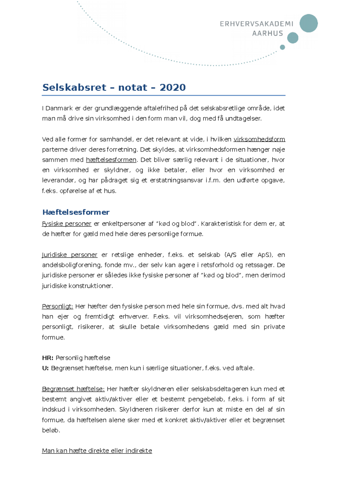 Notat - Selskabsret - Selskabsret – Notat – 2020 I Danmark Er Der ...