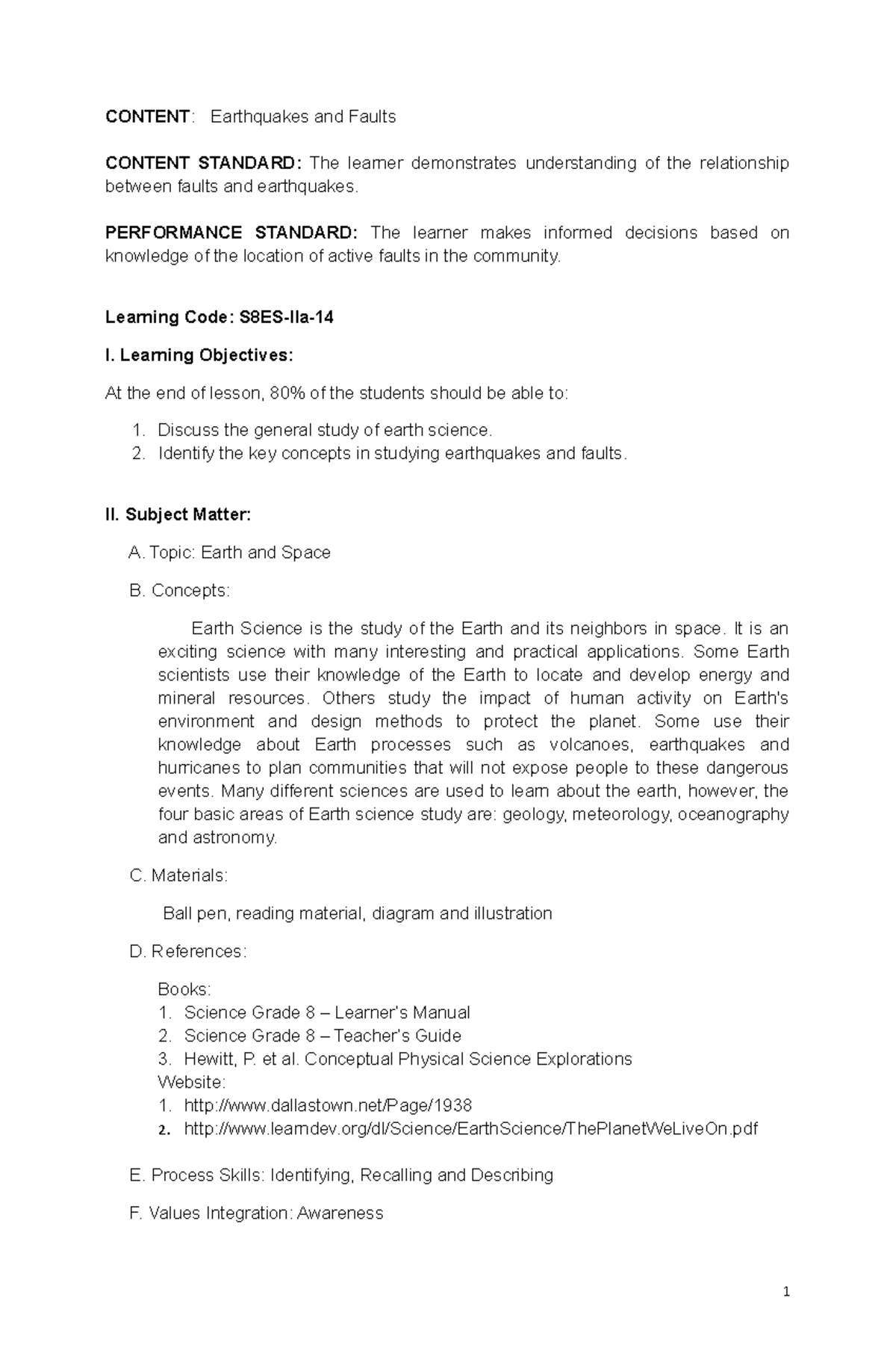 421833683 Grade 8 Science 2nd Quarter DLP docx CONTENT Earthquakes