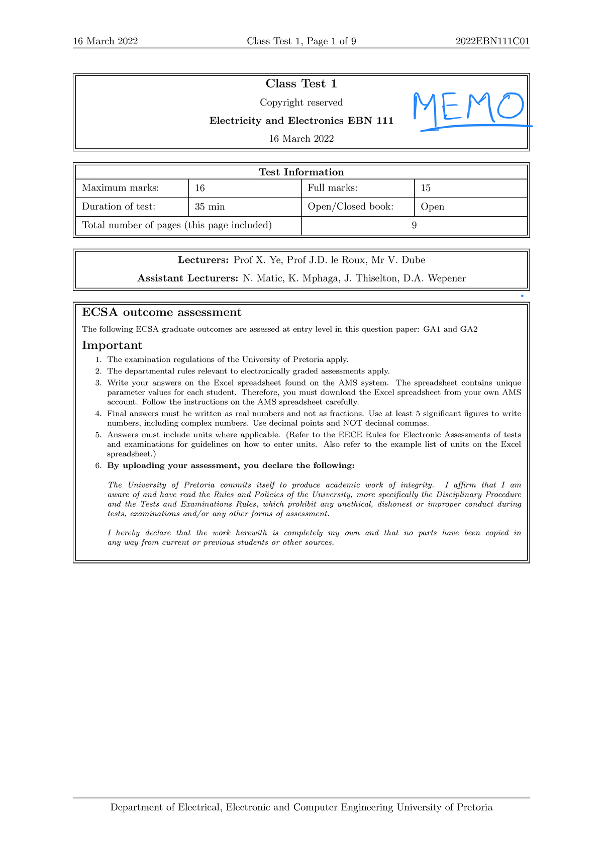 2022EBN111C01 Memo - SEMESTER TEST - Class Test 1 Copyright Reserved ...