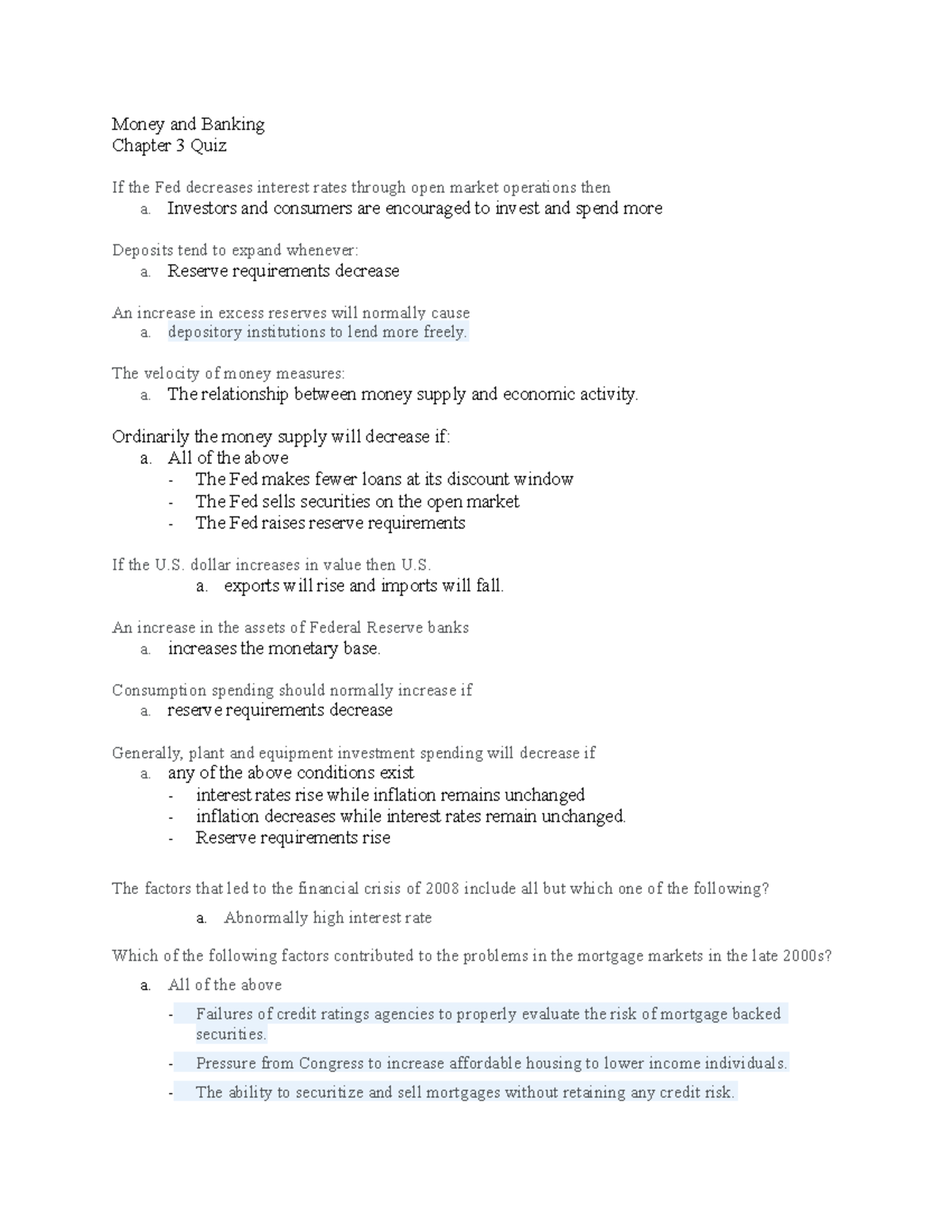 Chapter 3 Quiz Keys Money and Banking Chapter 3 Quiz If the Fed