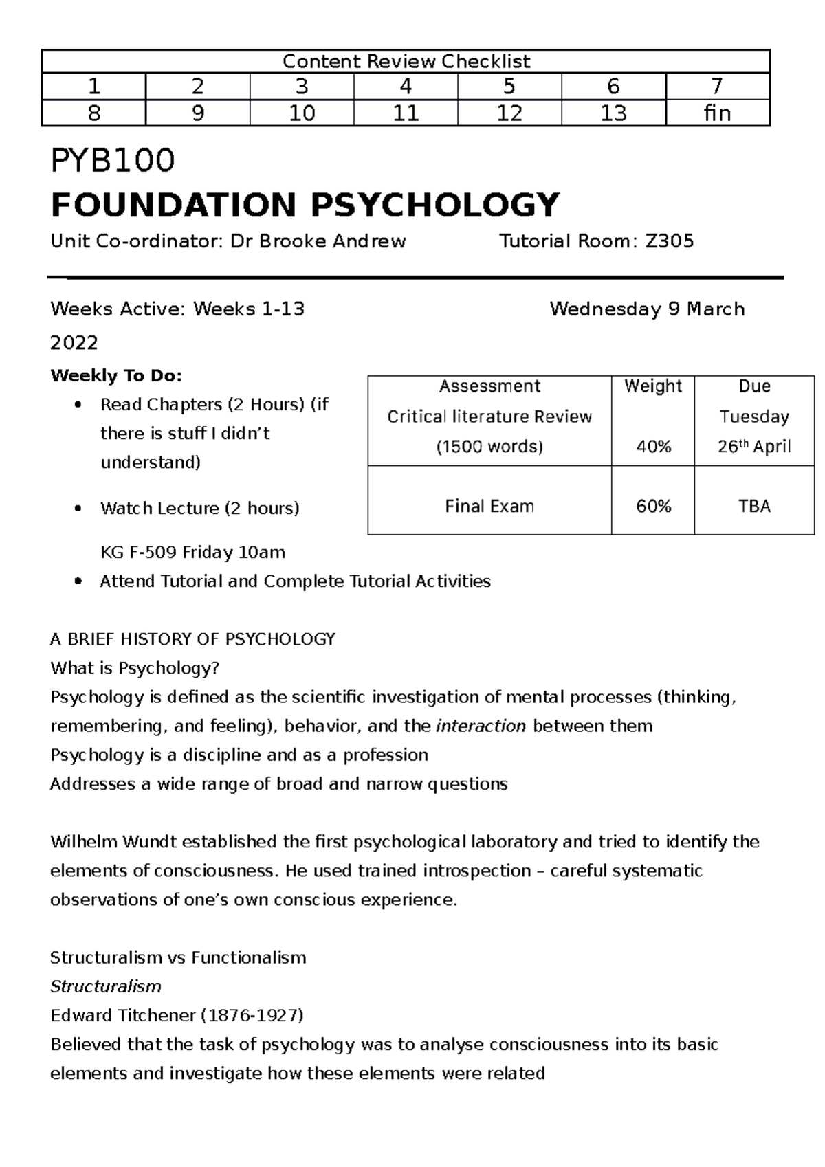 PYB100 Foundatioal Psychology Notes - Content Review Checklist 1 2 3 4 ...