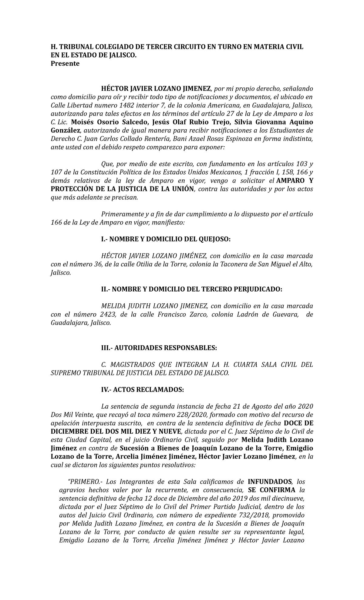 Amparo Javier Lozano H. TRIBUNAL COLEGIADO DE TERCER CIRCUITO EN