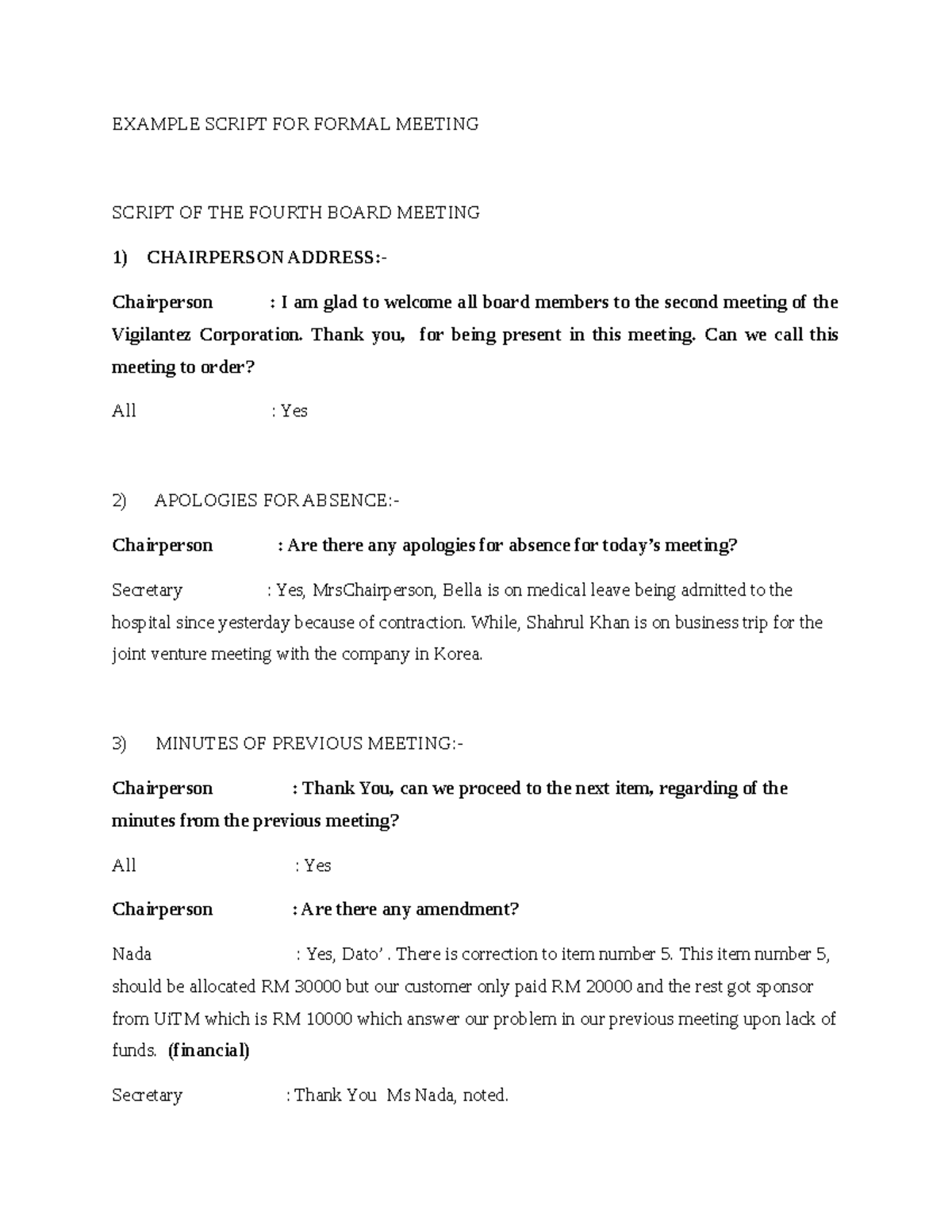 Example Script FOR Formal Meeting - EXAMPLE SCRIPT FOR FORMAL MEETING ...