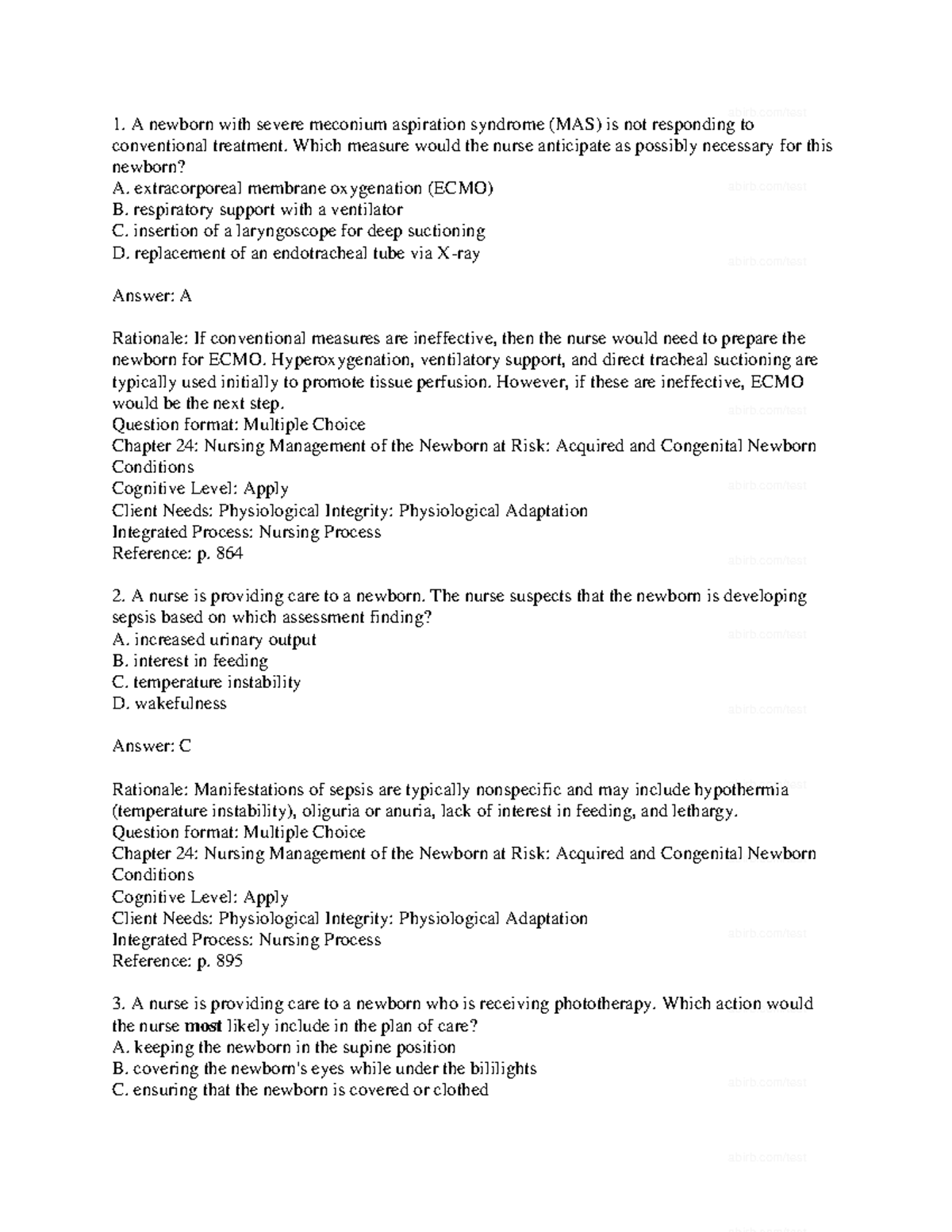 Chapter 24 Test Bank - 1. A newborn with severe meconium aspiration ...