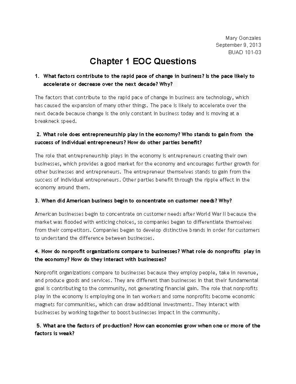 BUS 1750 - Chapter 1 EOC Questions - Mary Gonzales September 9, 2013 ...