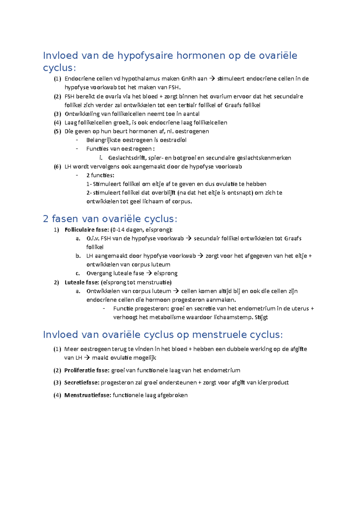 Cyclussen samenvatting H19 - Invloed van de hypofysaire hormonen op de ...