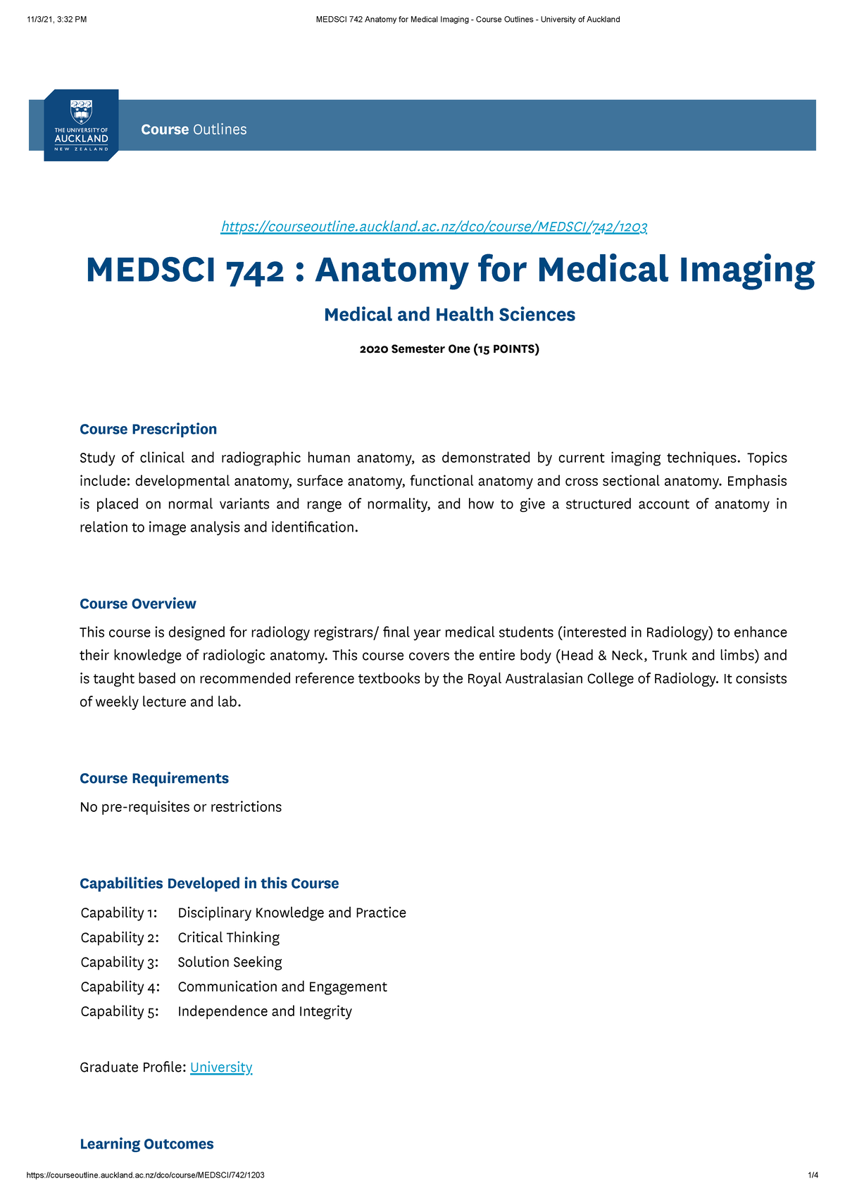 Medsci 742 Anatomy for Medical Imaging Course Outlines University