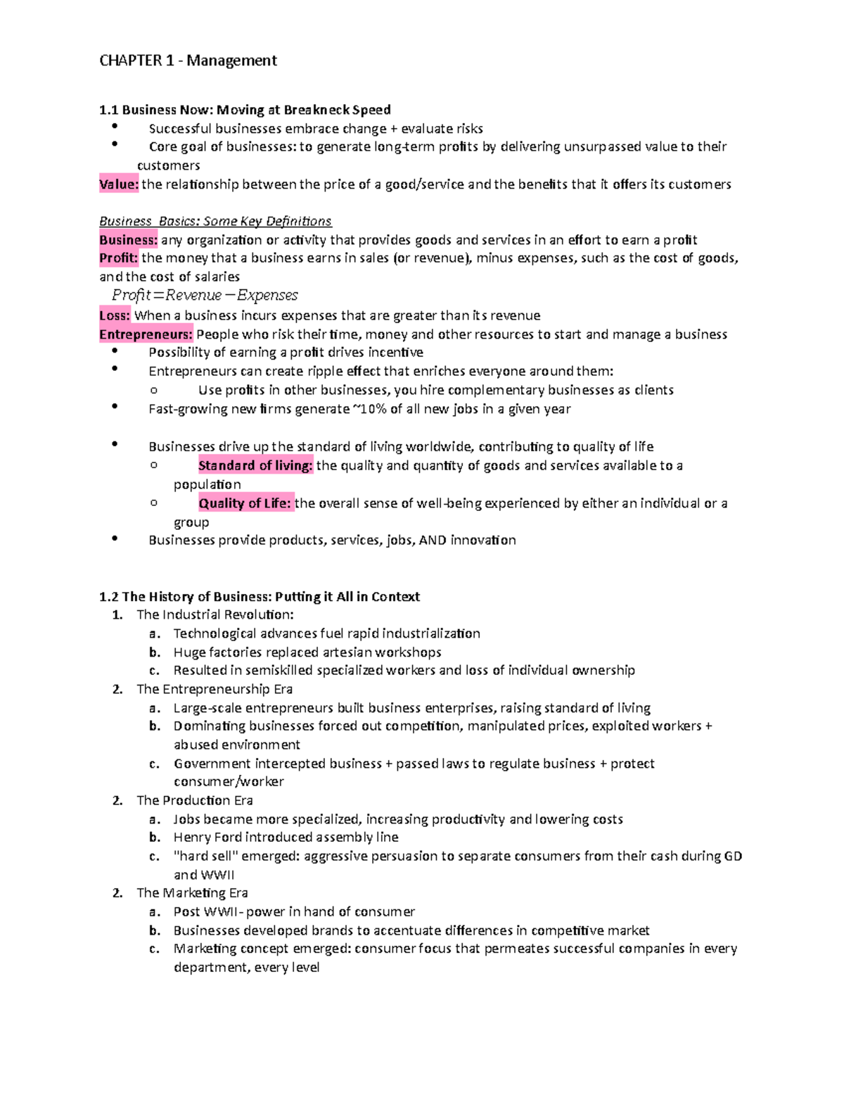 Chapter 1 management - Summary BUSN - BUSN - 1 Business Now: Moving at ...
