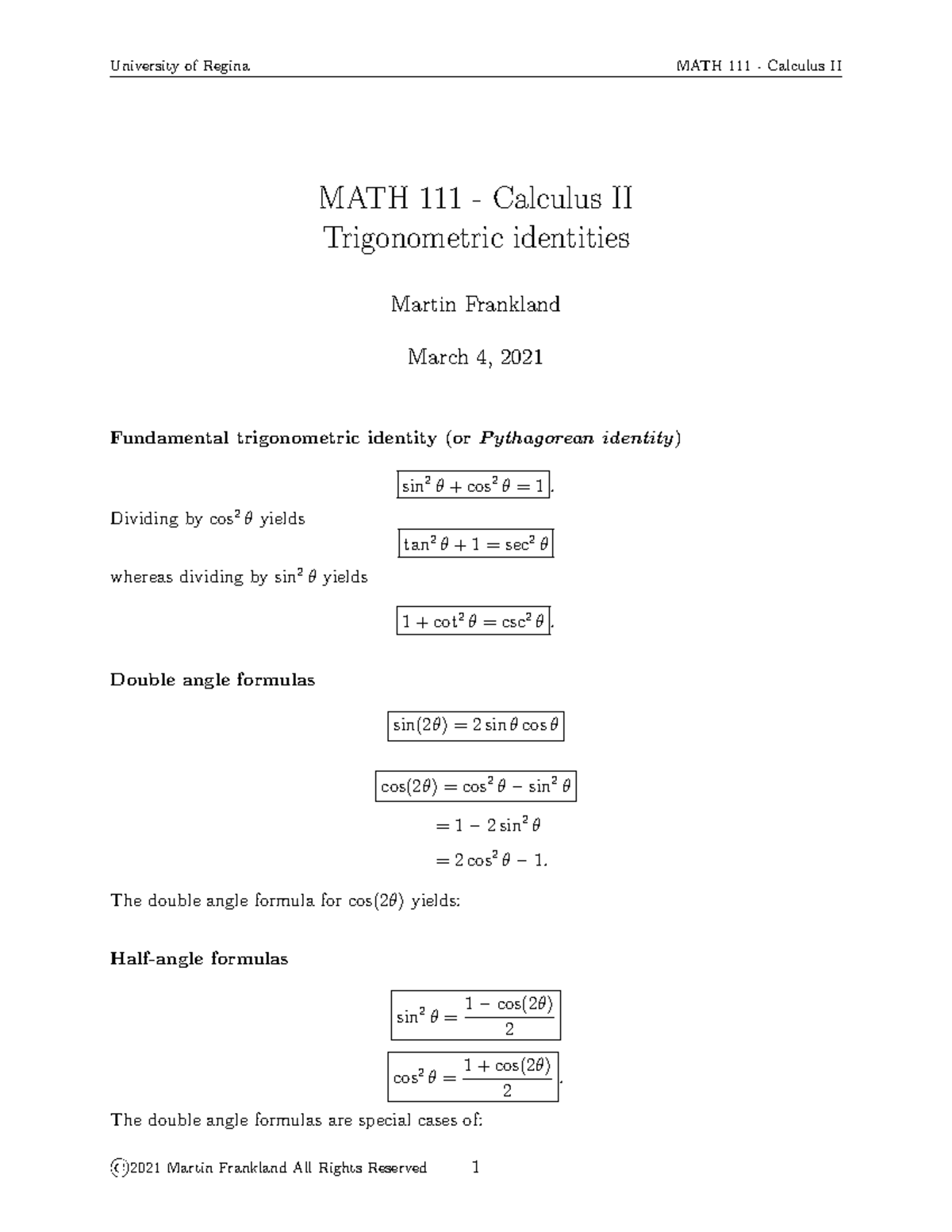 Math 111 Notes on Trig. Identities by Dr M. Frankland - University of ...