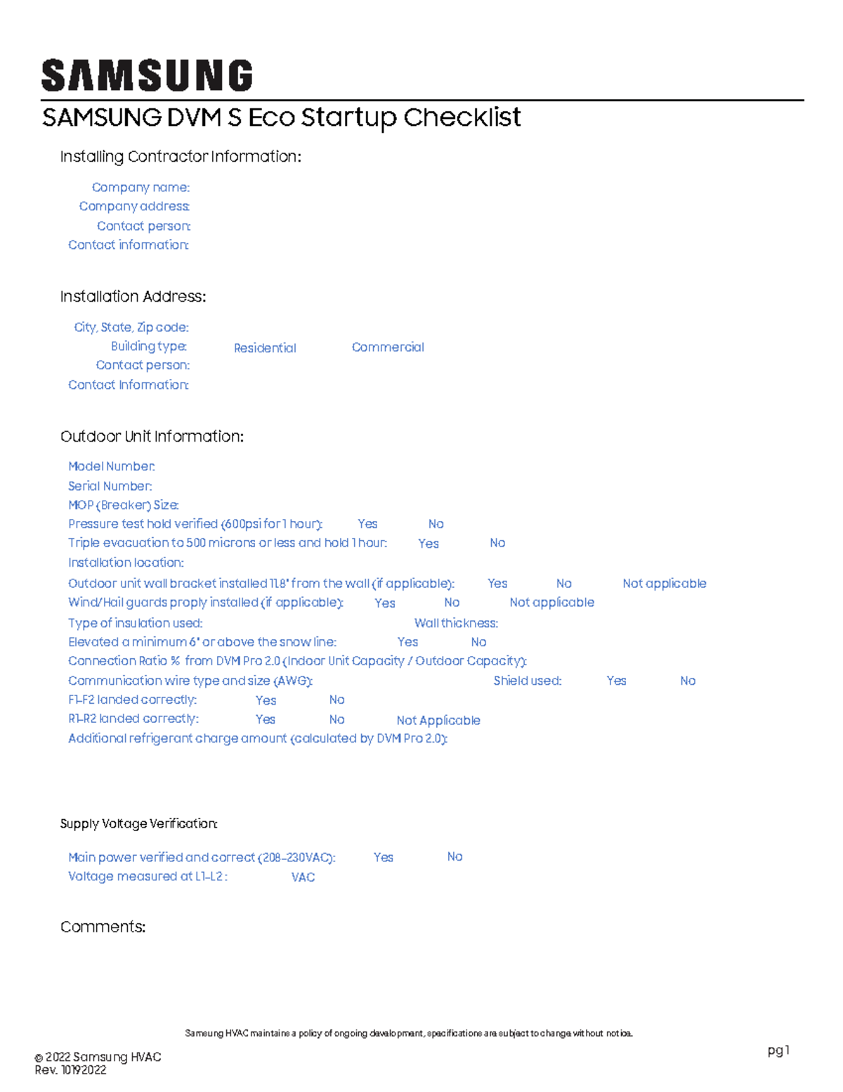 DVM+S+Eco+HP+HR+Startup+Checklist REV10192022 - Installing Contractor ...