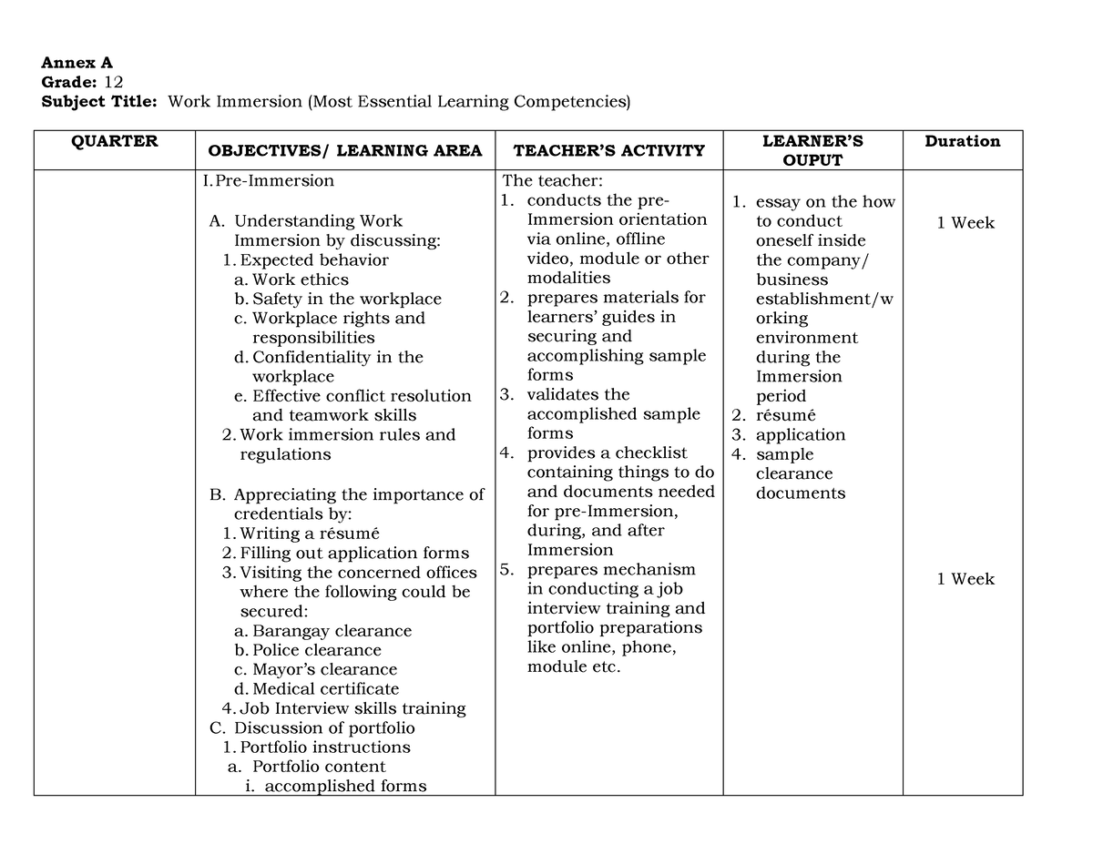 learning in work immersion essay