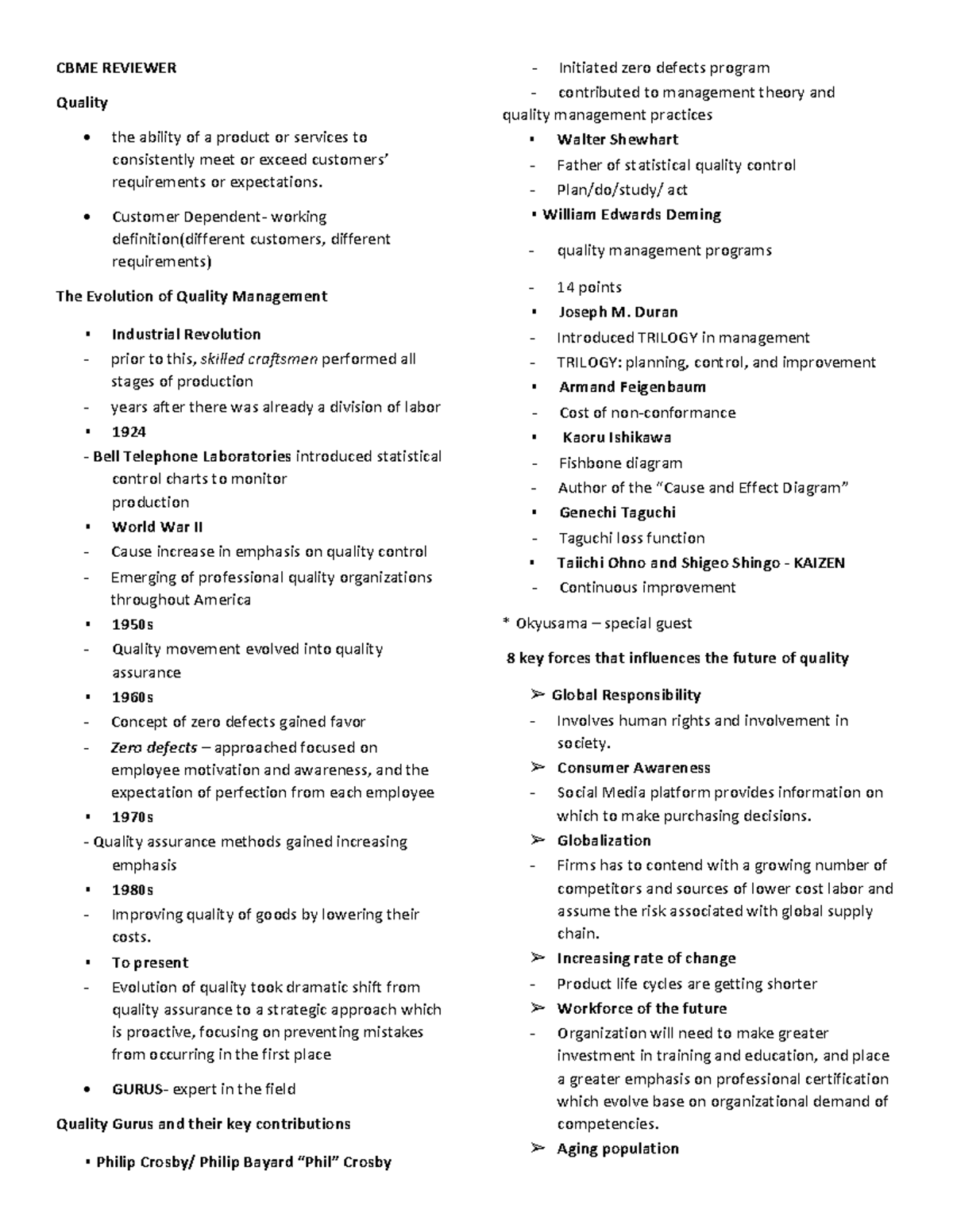 CBME Revwr FIN - Notes - CBME REVIEWER Quality the ability of a product ...