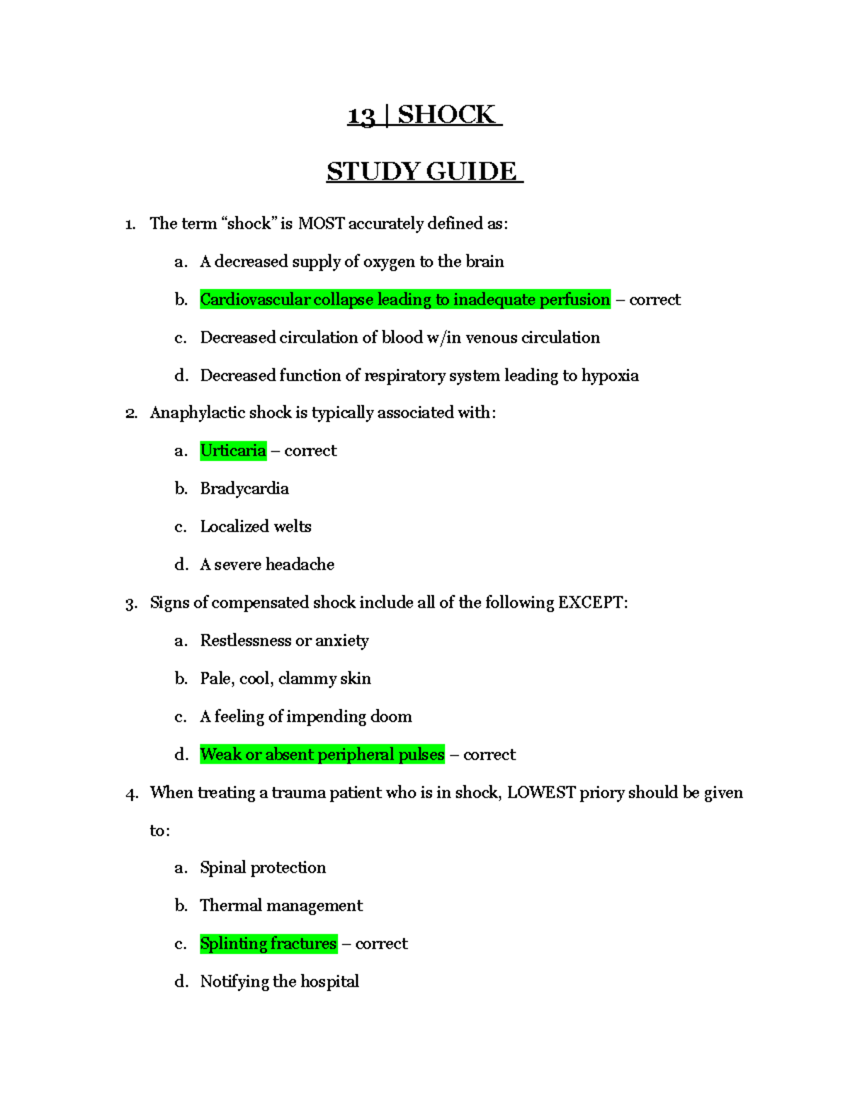 13 Shock Study Guide EMS EDUCATION PRACTICE QUIZZES TEACHER LUKE