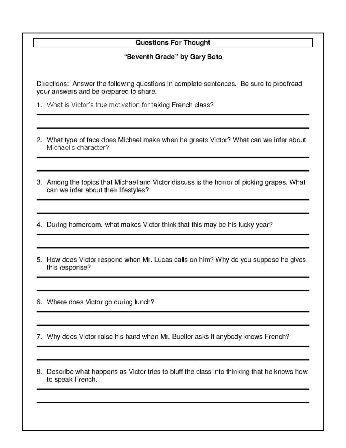 Seventh grade study guide - Questions For Thought