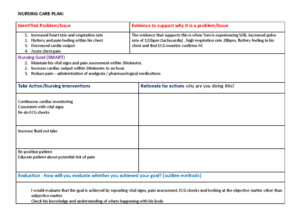 Blank Nursing care plan - NURSING CARE PLAN: Identified Problem/Issue ...