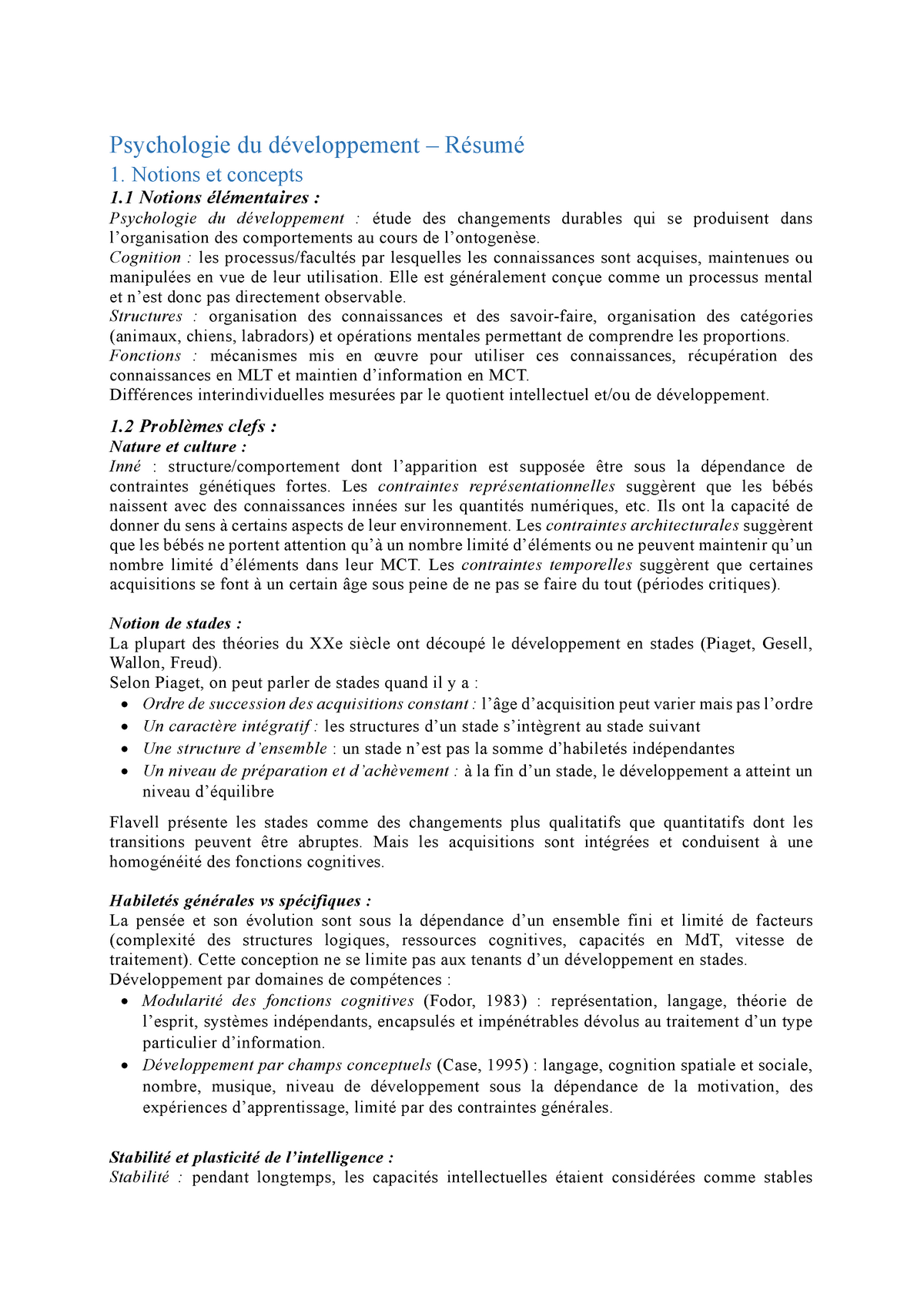 Psychologie Du Développement Résumé Psychologie Du Développement Résumé 1 Notions Et 