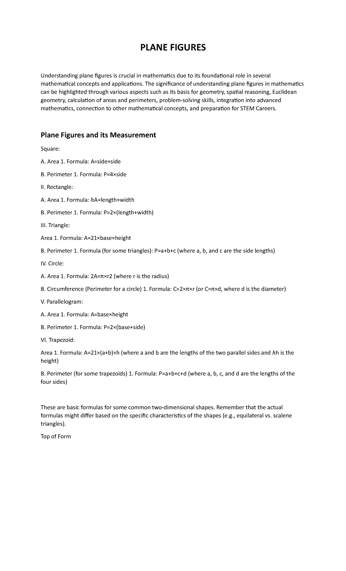 Plane Figures - Math 152 - PLANE FIGURES Understanding plane figures is ...