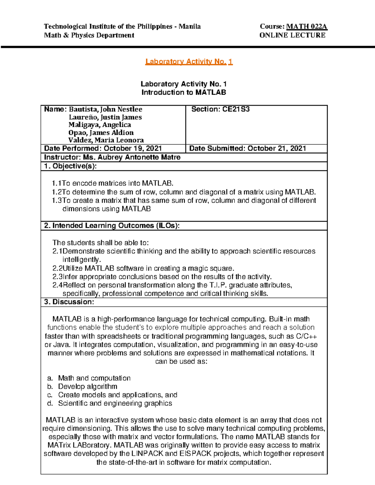 Activity 1 Introduction to Matlab - Math & Physics Department ONLINE ...