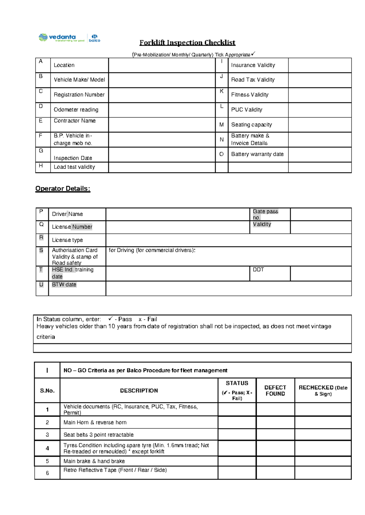9 Forklift_inspection - Forklift Inspection Checklist (Pre-Mobilization ...