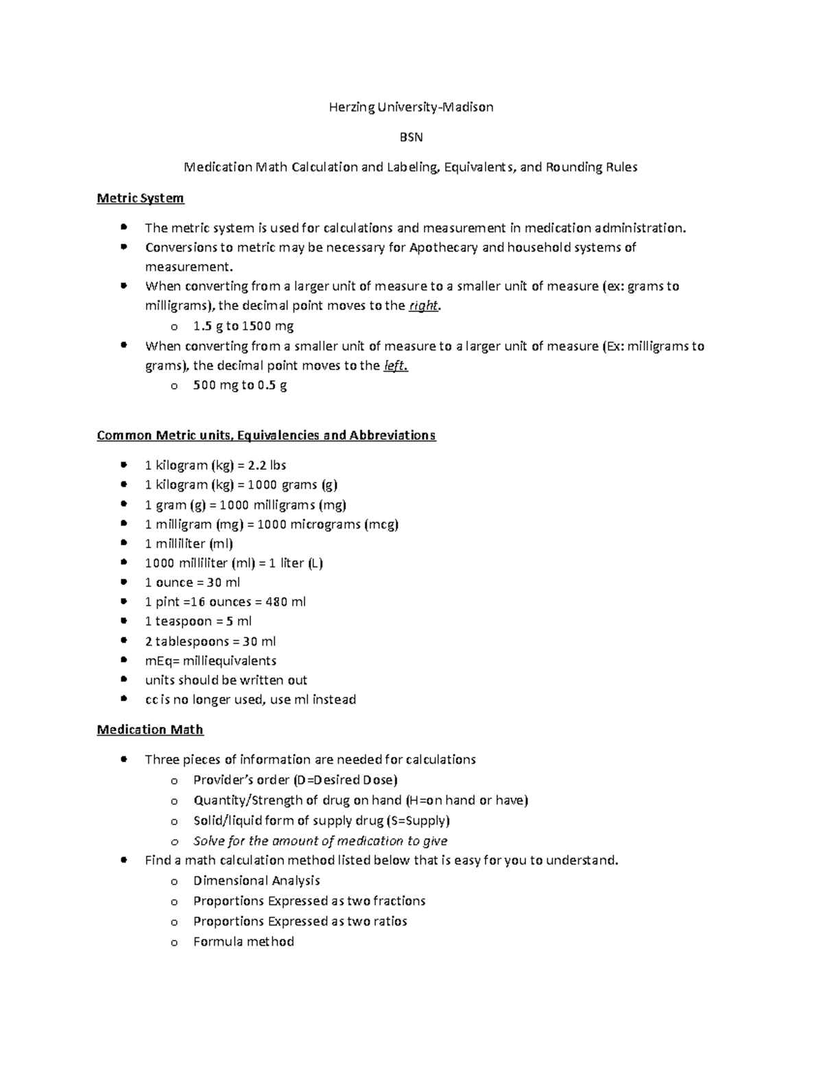Medication Math Rules - you will need this later on - Herzing ...