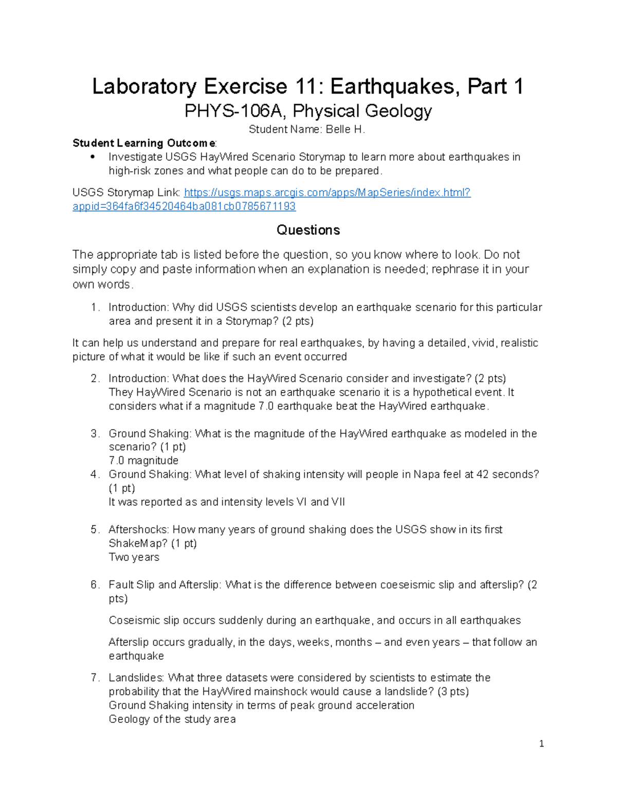 Lab Exercise 11 Laboratory Exercise 11 Earthquakes, Part 1 PHYS106A