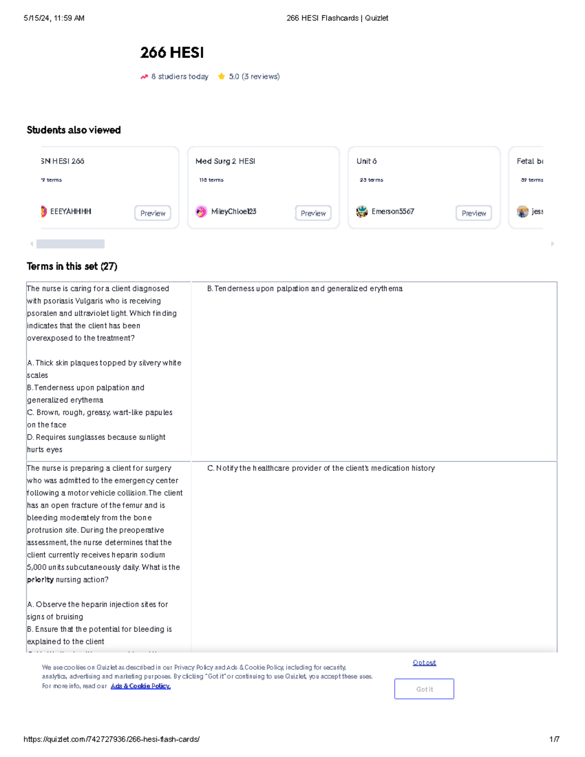 266 HESI Flashcards Quizlet - 266 HESI 8 Studiers Today 5 (3 Reviews ...