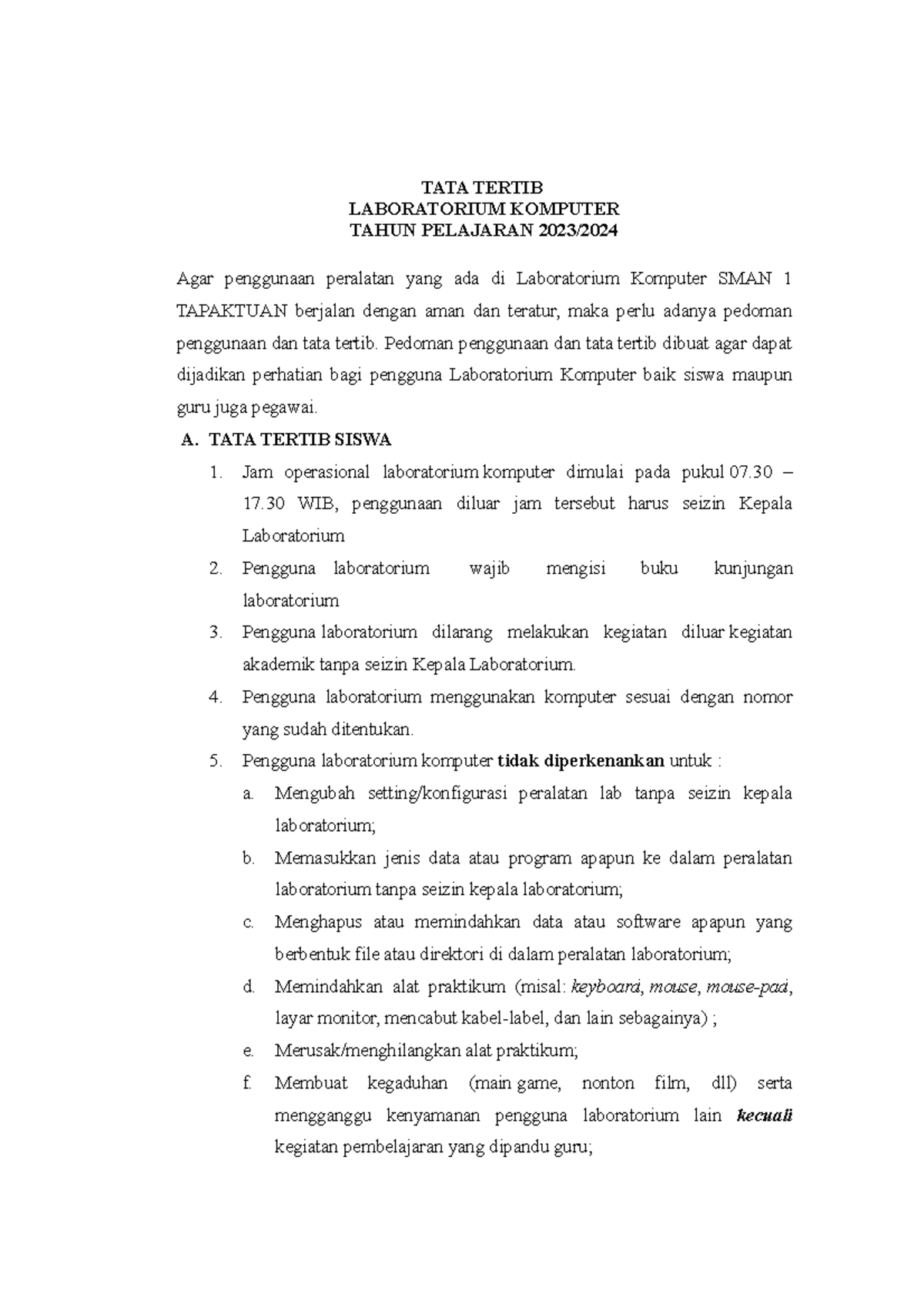 Tata Tertib Lab Komputer TATA TERTIB LABORATORIUM KOMPUTER TAHUN