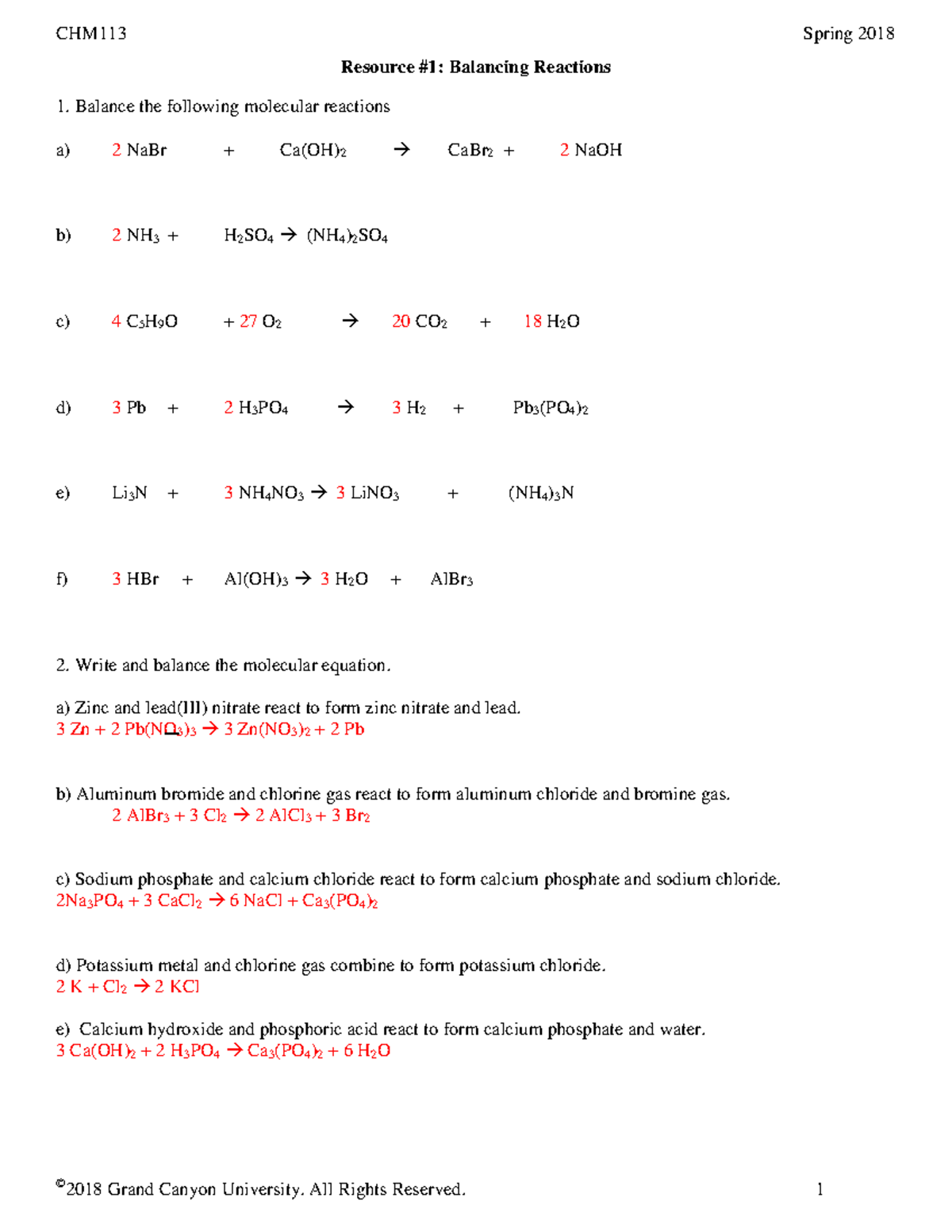 CHM113 Topic 2 Ch3 Worksheets Keysp 18 - Resource #1: Balancing ...