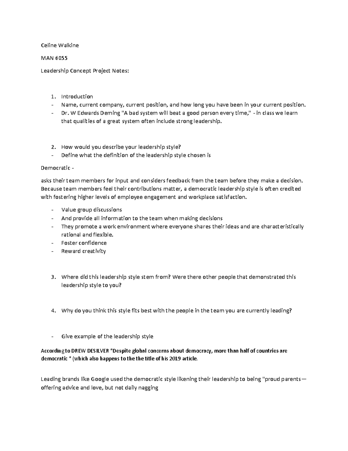 Leadership Concept Speaking Notes - Celine Walkine MAN 6055 Leadership ...