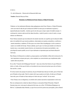 U Un Analisis Y Resumen Sobre Las Teorias Educativas De Franz Tamayo Y Felipe Studocu