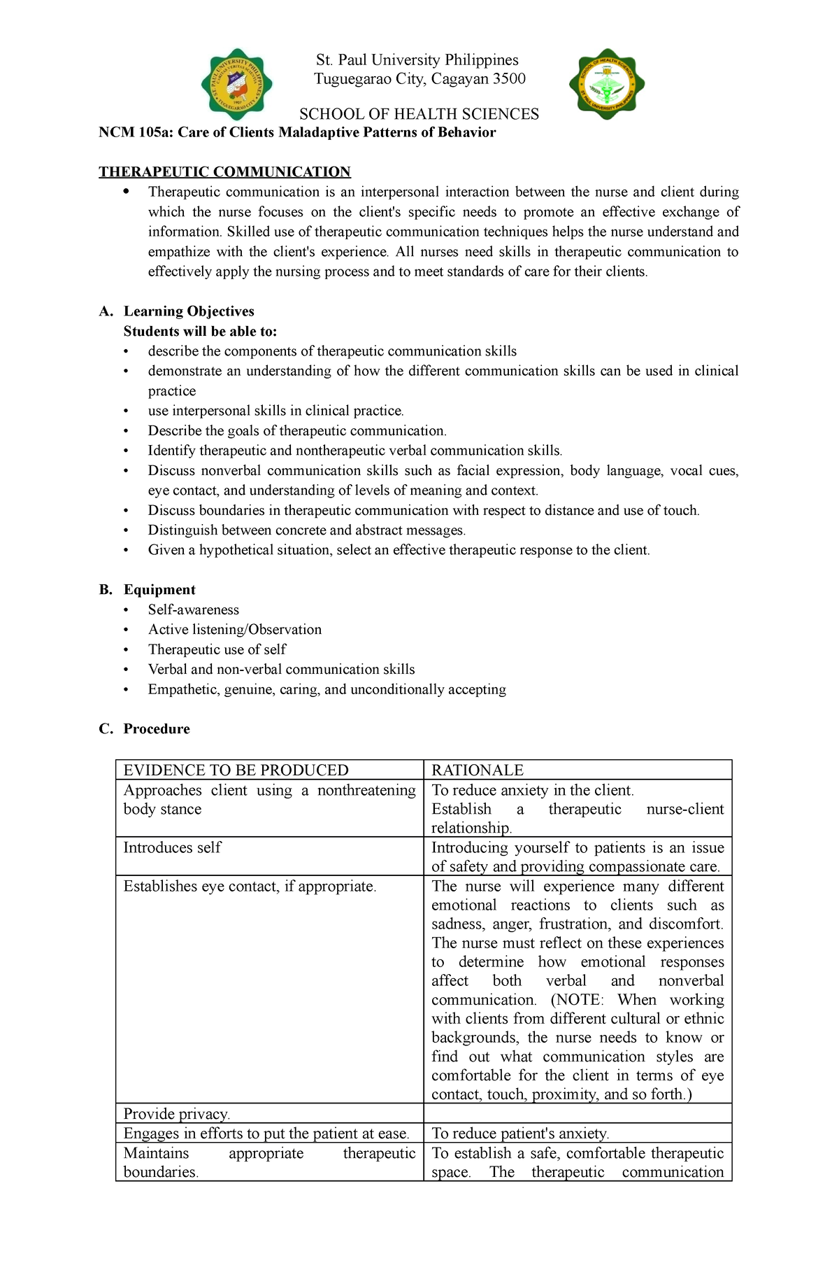 Theracom Checklist - St. Paul University Philippines Tuguegarao City ...