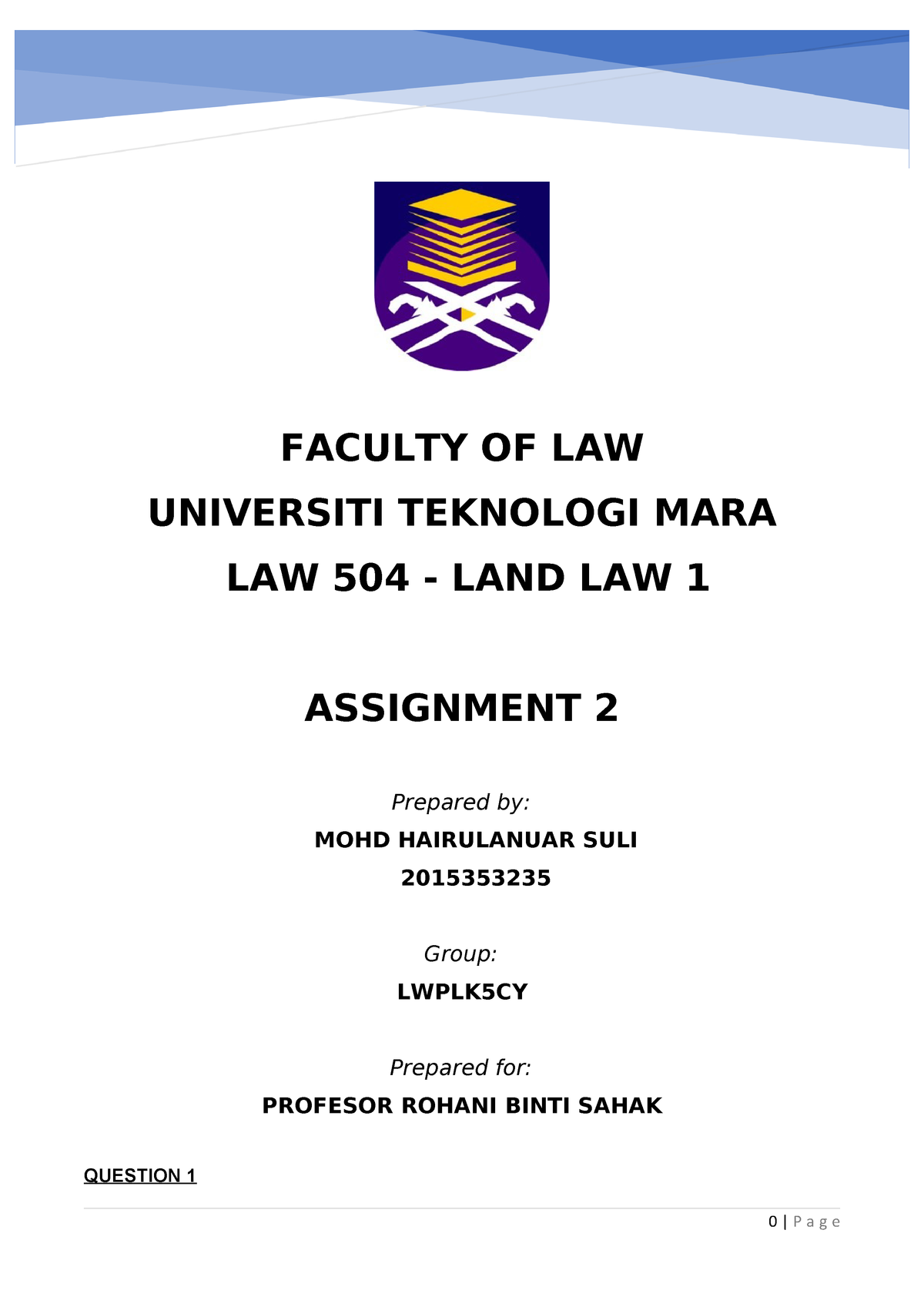 University Assignment Cover Page