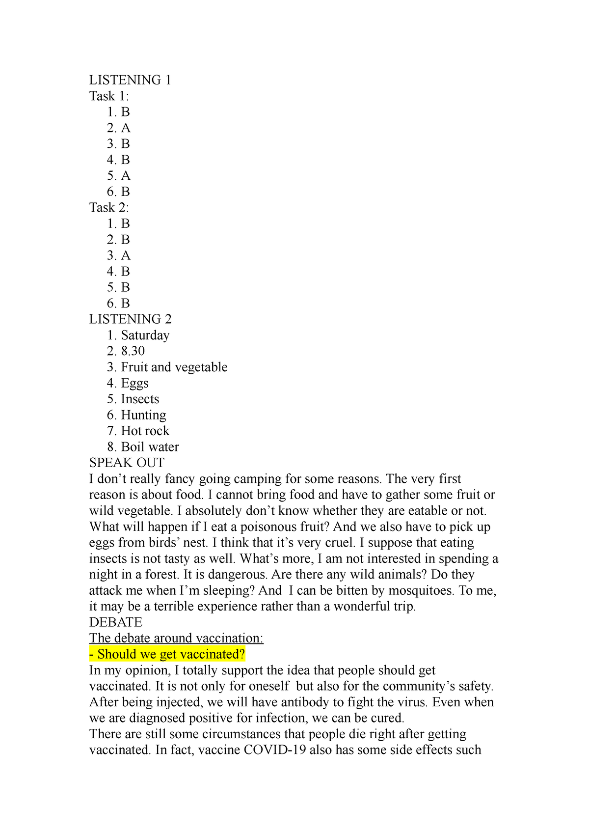 Unit 3 - Answer Key - LISTENING 1 Task 1: 1. B 2. A 3. B 4. B 5. A 6. B ...