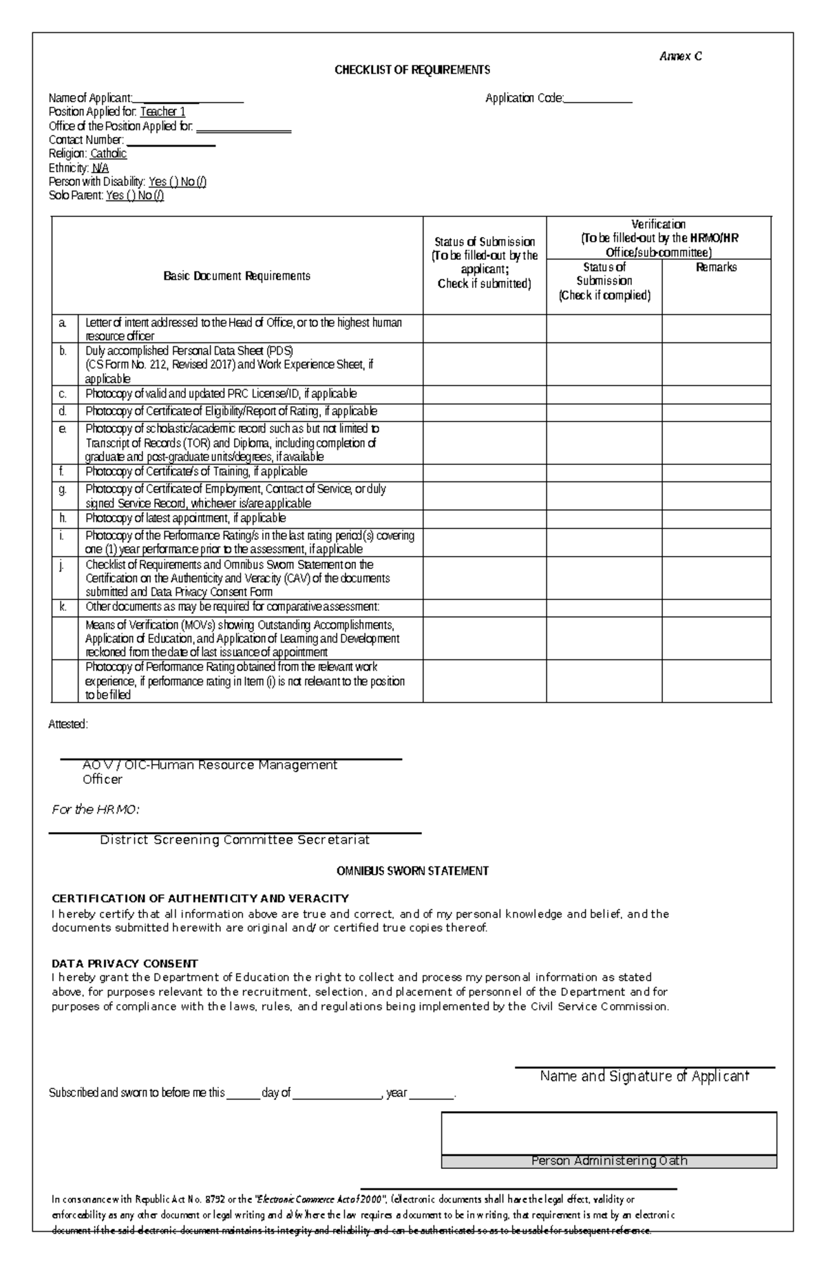 New Omnibus & Checklist for Teacher 1 application - In consonance with ...