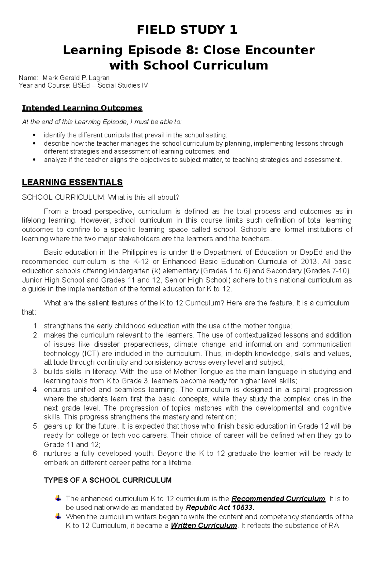 FS1Episode 8converted FIELD STUDY 1 Learning Episode 8 Close Encounter with School