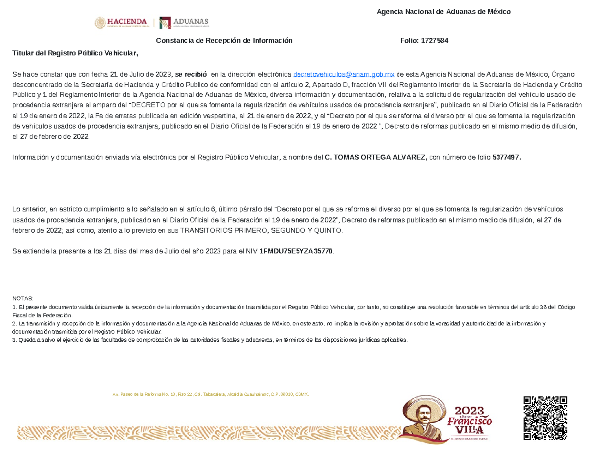 Acuse ANAM (13) - derecho - Agencia Nacional de Aduanas de México ...