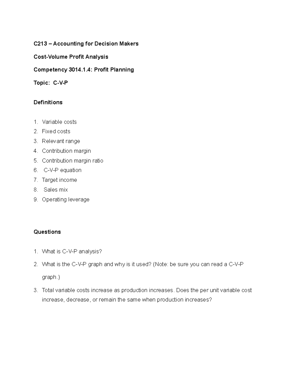 C213 CVP Analysis - Study Guide For C213 - C213 – Accounting For ...