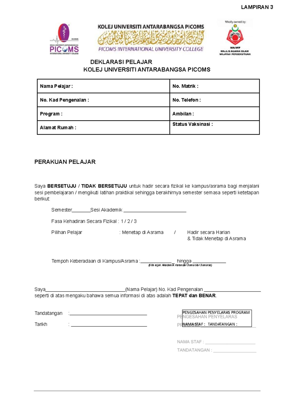 Borang Deklarasi Pelajar-converted - PENGESAHAN PENYELARAS PROGRAM NAMA ...